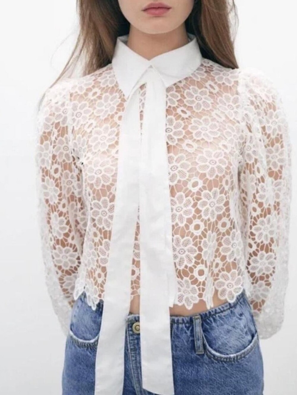 Zara White Sheer Lace Floral Button up Neck tie Collar Cropped Shirt